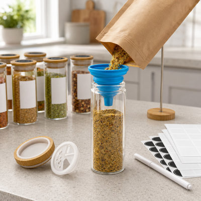36 Pack 4oz Empty Glass Spice Jars with Bamboo Lids & Labels, Minimalist Farmhouse Stickers & Funnel, Seasoning Containers for Spice Rack, Cabinet & Drawer