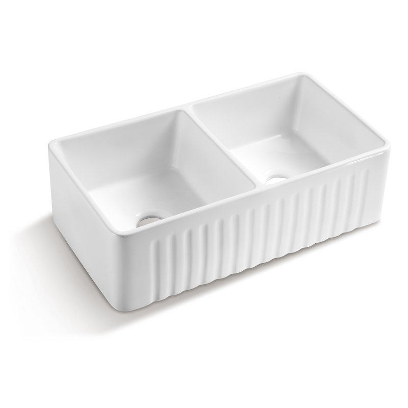 Évier de cuisine rectangulaire en céramique blanc à double cuve 33 * 18 * 10 "