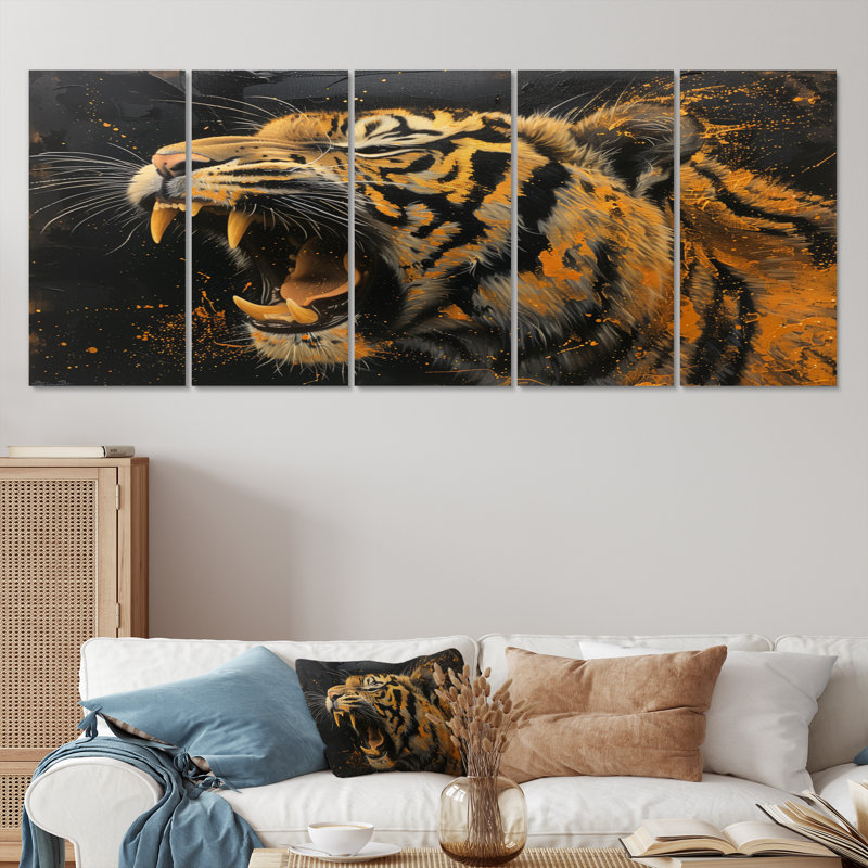 Portrait de tigre noir et doré - ensemble d'art mural animal tigre, H 28 po x l 60 po