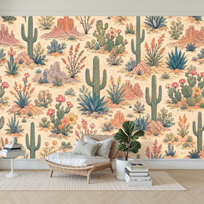 Wall Mural Peel and Stick Wallpaper Western Mountains Seamless Seamless summer cactus Self-Adhesive Removable Contact Paper Wall Decor for Living Room Bedroom 100"H x 144"W