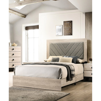 Lit pour grand lit contemporain, tête de lit crème, gris, finition crème en bois d'hévéa, tête de lit en tissu