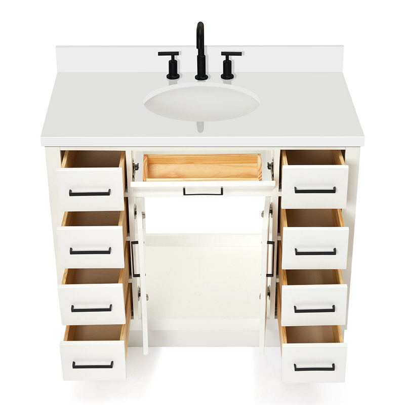 Tidworth 42' Solid Wood Single Bathroom Vanity with 1.5' White Quartz Top, Blanc / noir mat, Ovale