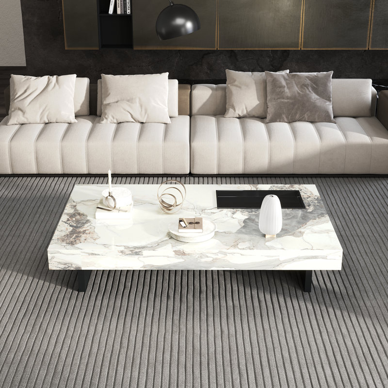 Briamarie 51.18'' Rectangle Gloosy Sintered Stone Coffee Table,Stainless Steel Legs, White
