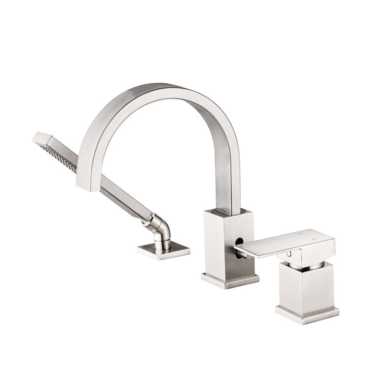 Brushed Nickel Waterfall Tub Faucet With , Deck Mount 3 Roman Filler, 59" Hose Hand Shower, Consistent Ceramic Cartridge And Shower & Hose, Secure