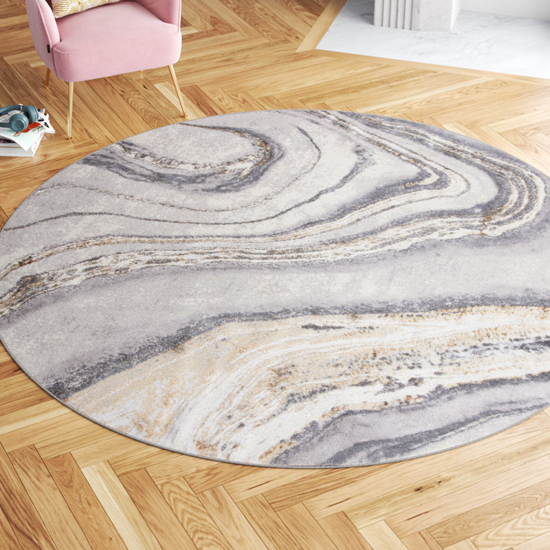Tapis abstrait gris / or / blanc Katelin, Rond 6 pi 7 po
