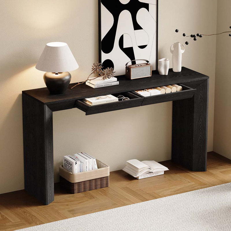 Rectangular Top Console Table with 2 Concealed Drawers, Thickened Legs, Black