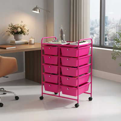  Chariot de rangement roulant à 10 tiroirs avec roues verrouillables et plateforme supérieure en filet, organisateur en métal pour la maison, le bureau, la salle de classe, rose