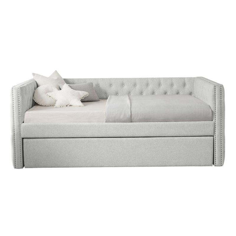Trace Trundle Daybed, Fabric Upholstery, Chesterfield, Nailhead Trim, Dove Gray, 43.5L x 78.5W x 34H