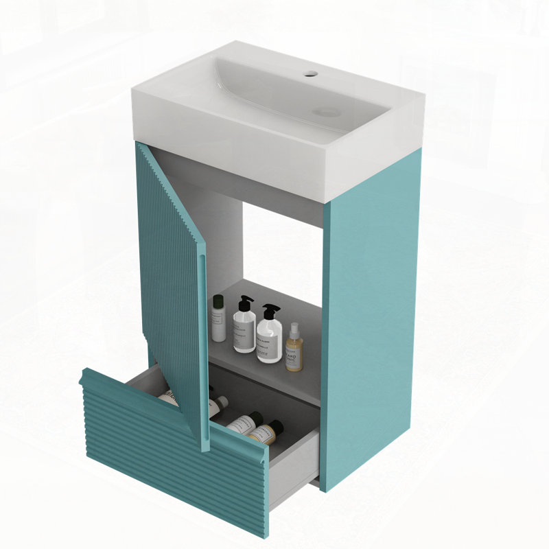 Meuble-lavabo rayé noir mat avec lavabo en céramique, Turquoise