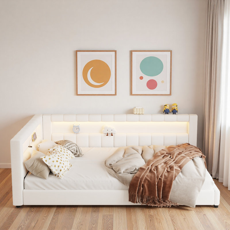 Upholstered Daybed With Usb Ports And Led Light Strips, Cream White, Full XL