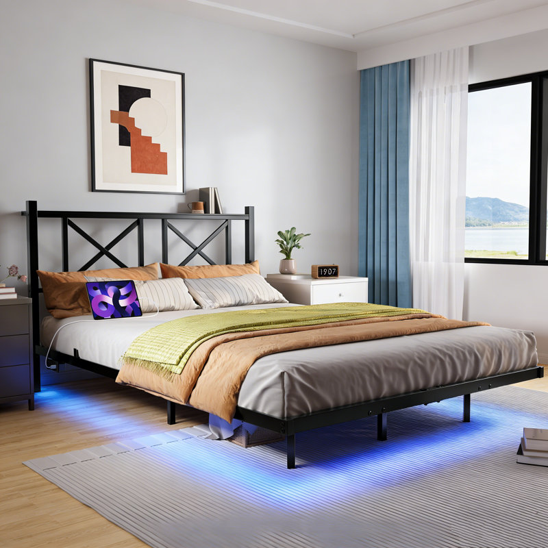Cadre de lit flottant grand format avec rangement, cadre de lit plateforme grand avec tête de lit, station de charge USB et lumières DEL