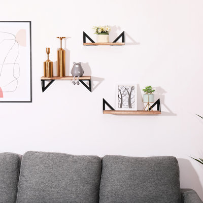 3 tablettes flottantes en bois naturel - supports inclus pour la fixation murale de la chambre à coucher, du salon, de la cuisine