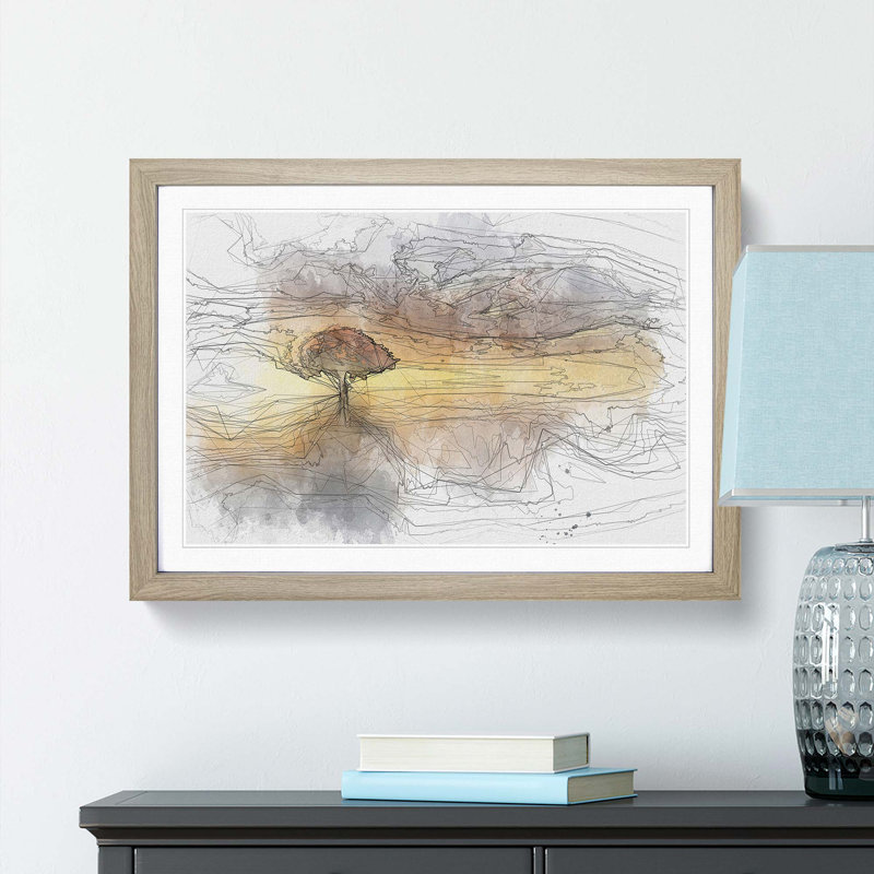 Flying Birds over a Lone Tree in Abstract - Picture Frame Graphic Art Print, 35cm H x 50cm W x 2cm D, Oak