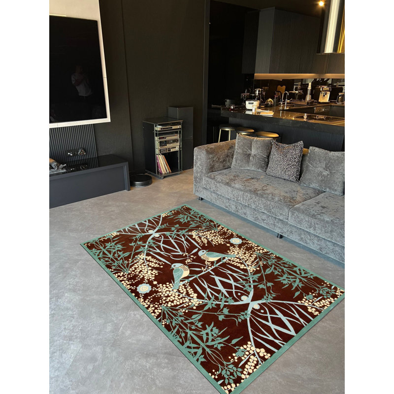 Tapis floral à motif floral brun-vert Birds and Botanical, Tapis de couloir 3 pi 9,81 po x 9 pi 10,11 po