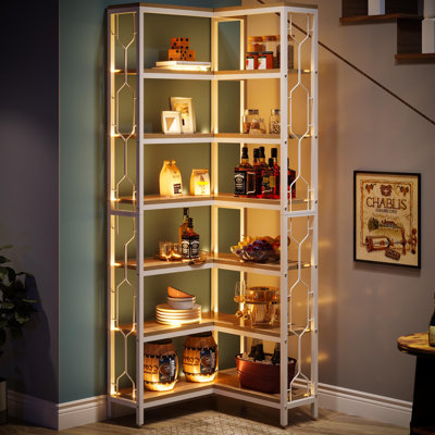 Bibliothèque de coin industrielle à 7 niveaux, structure en métal noir et étagère de coin en bois avec garde-corps, support de rangement autoportant pour le salon, la chambre à coucher et le bureau à domicile