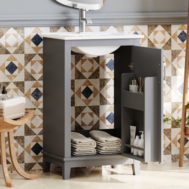 20" Bathroom Vanity Shelf Unit - Ceramic Basin, Space Optimization Cabinet, Basin & Stylish Design, Gray