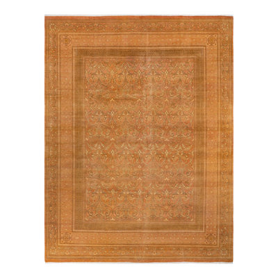 Tapis brun / orange en laine noué à la main de conception unique 9 pi 4 po x 12 pi 1 po Uronda Mogul