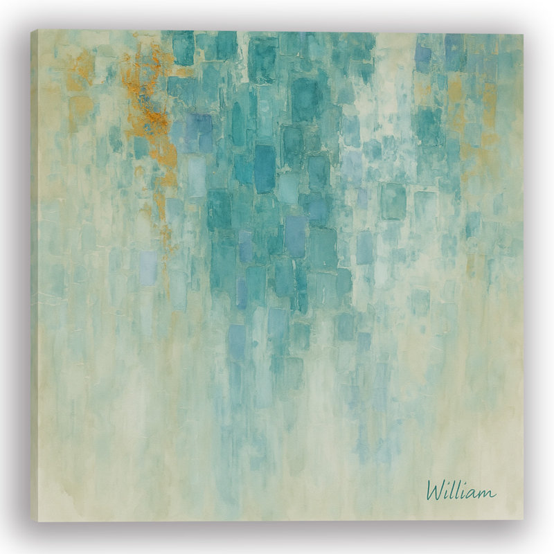 Aqua Dreamscape - art mural abstrait bleu sarcelle et toile dorée, H 40 po x l 40 po