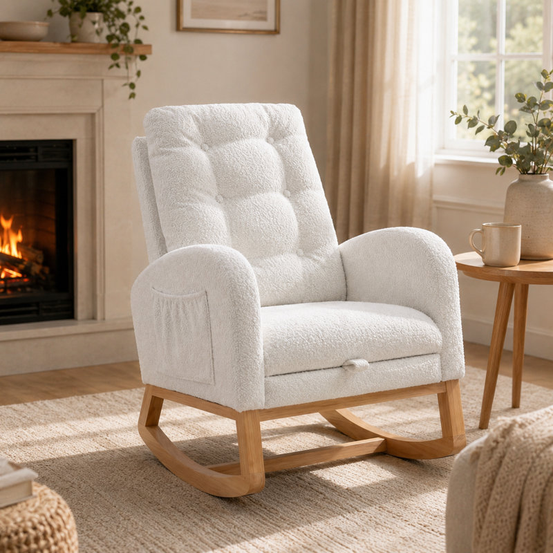 Chaise berçante d'intérieur rembourrée avec repose-pieds et poche latérale, White