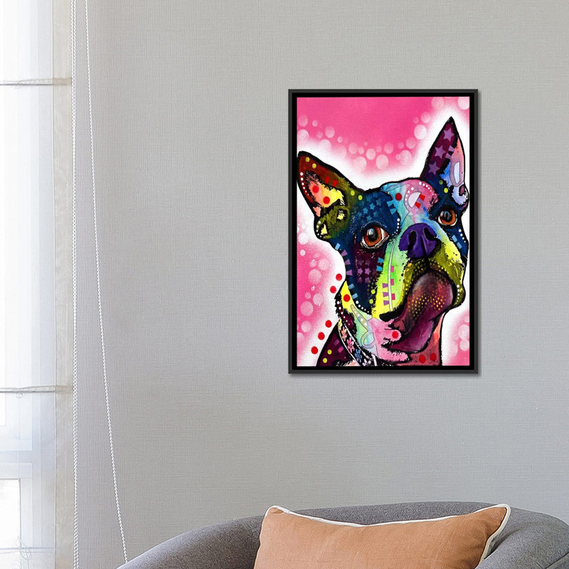Boston Terrier - reproduction sur toile, H 26 po x l 18 po x P 1,5 po, Toile avec cadre flottant noir