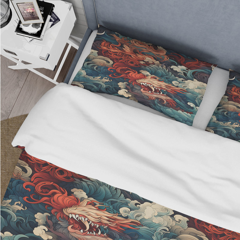 Motifs de dragon - ensemble de housse de couette japonais - microfibre de polyester