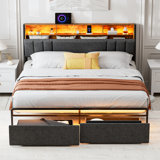 Ivy Bronx Bed Frames With Dustproof Storage Drawer, Ergonomic Hidden Storage Headboard With Charging Station, Upholstered Led Platform Bed, No Box Spring Needed, Easy Assembly
