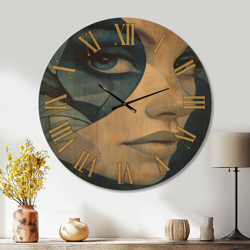 Horloge murale ronde glamour Sapphire Butterfly Muse, imprimée sur bois, Très grand