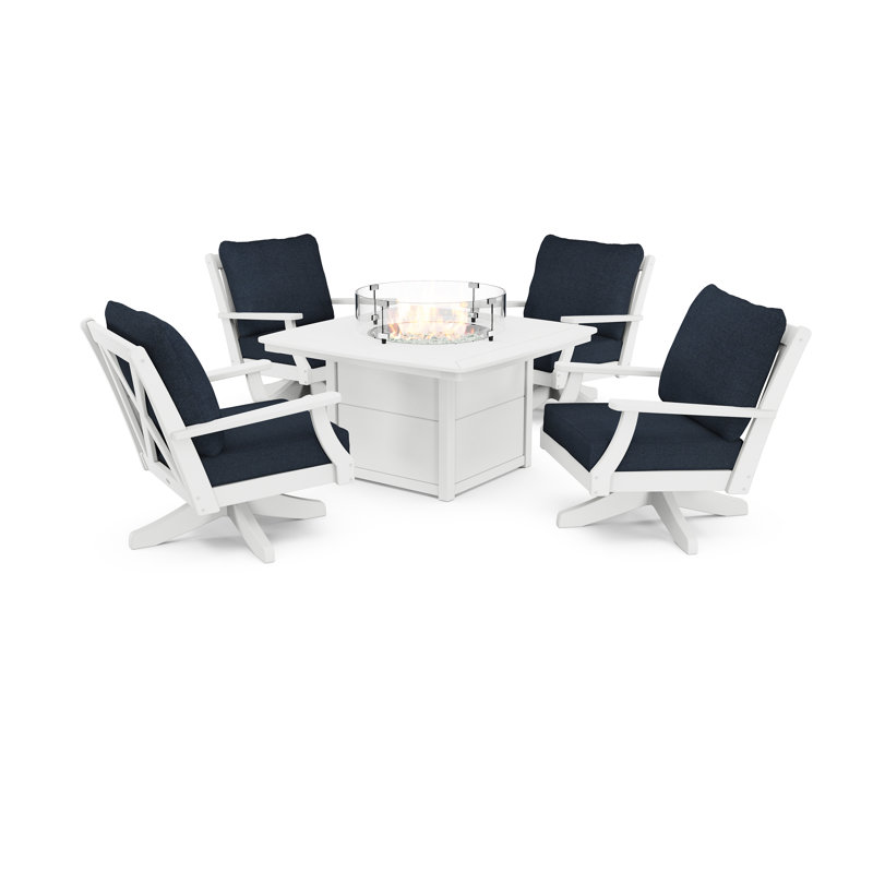 Braxton 5-Piece Deep Seating Swivel Conversation Set with Fire Pit Table, White, Marine Indigo