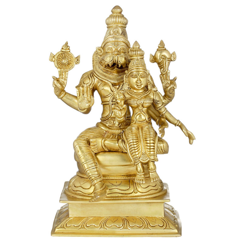 15" Narasimha with Lakshmi - Fourth Avatars of Lord Vishnu | Handmade Brass Statue | Made in India 