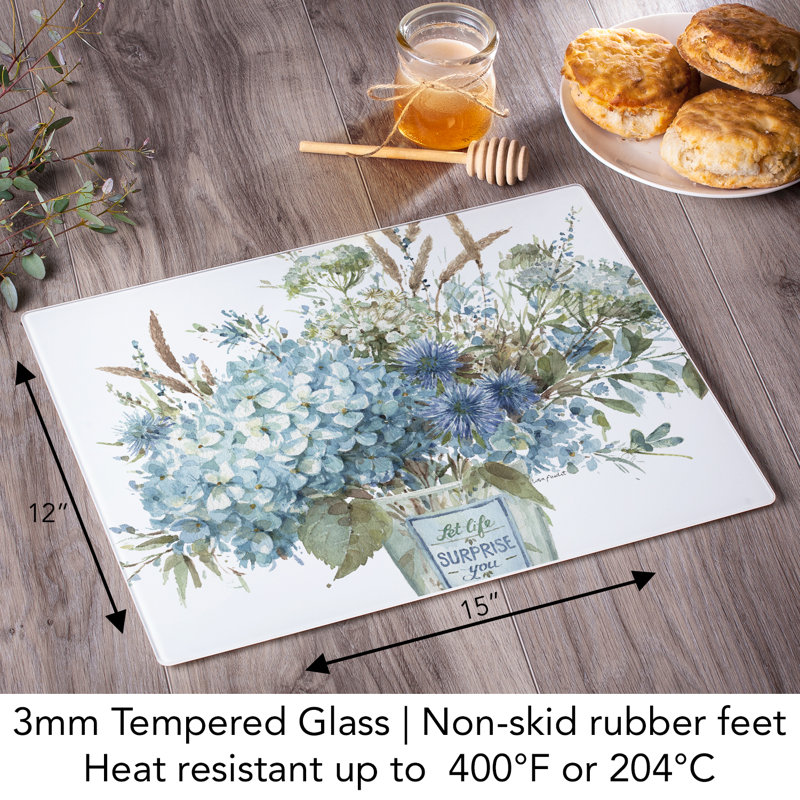 Bohemian Blue Floral Tempered Glass Cutting Board with Non-Slip Feet
