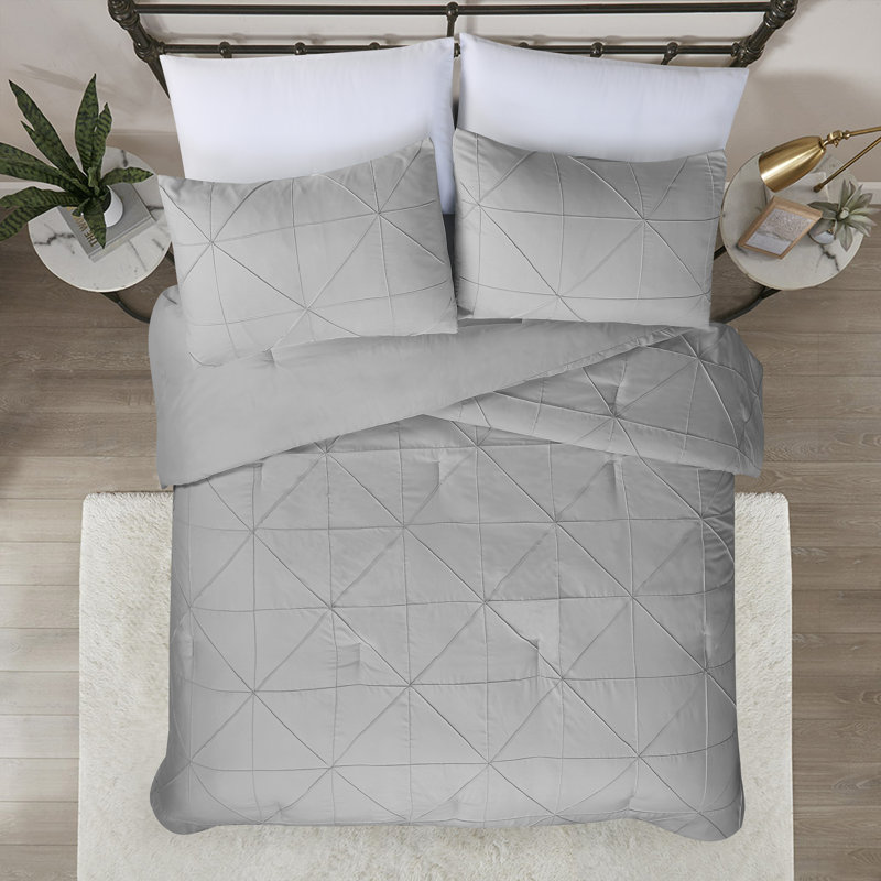 Ensemble d'édredon en microfibre Hartford Pintuck, Édredon pour très grand lit + 2 taies décorativ, Gris clair