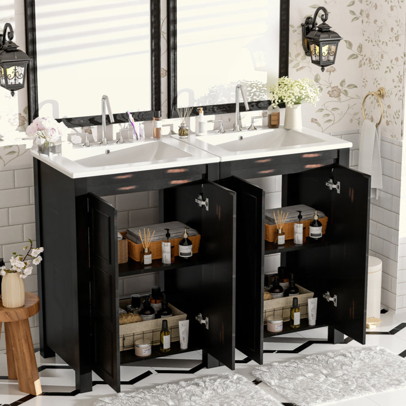 Ensemble de meuble-lavabo 48 po avec lavabos doubles (séparés), lavabos doubles en céramique, tablette de rangement et portes à fermeture en douceur 48 po