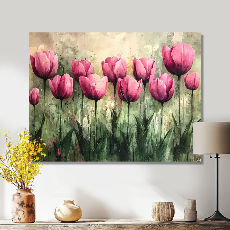 «Summer Pink Hues», art mural encadré de tulipes, H 12 po x l 20 po, Toile tendue, Ne pas appliquer