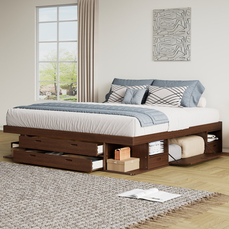 Storage Platform Bed Frame with Multiple Drawers and Shelves, King, Walnut