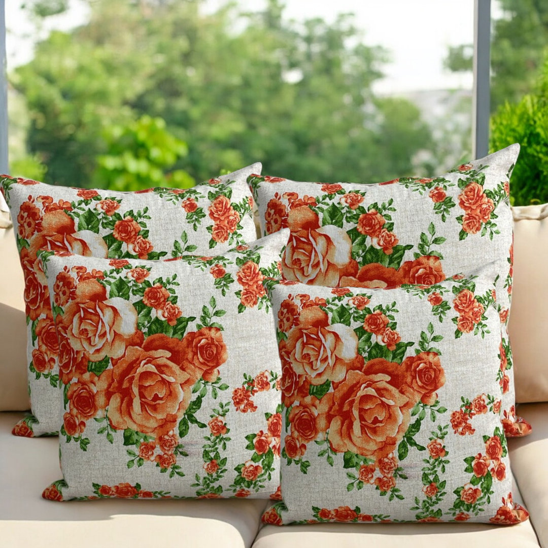 4er-Pack - Orange Floral Quality Fabric 18X18" 45X45cm Kissenbezüge