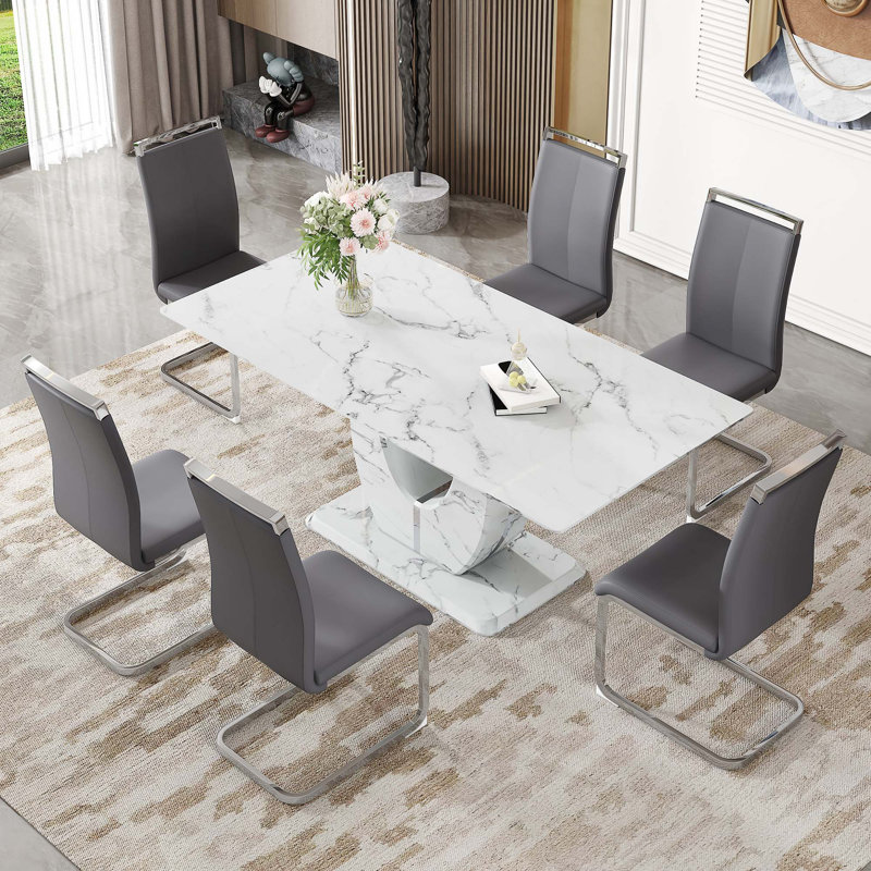 Table and chair set.Modern Simple Marble Pattern, Gray/Silver, White, 7