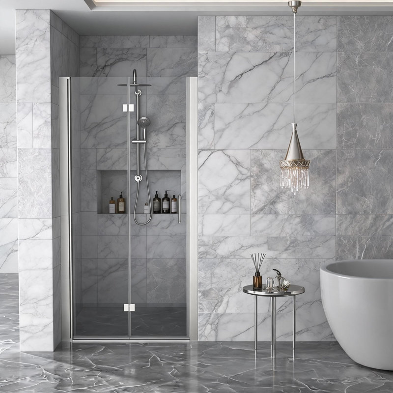 Porte de douche pliante sans cadre en verre trempé, fini argent brossé, 91,4 cm x 182,9 cm