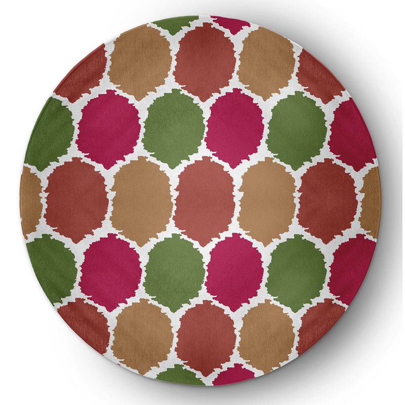 Tapis intérieur / extérieur en chenille tissé à la machine à motif géométrique orange, Rond 5 pi