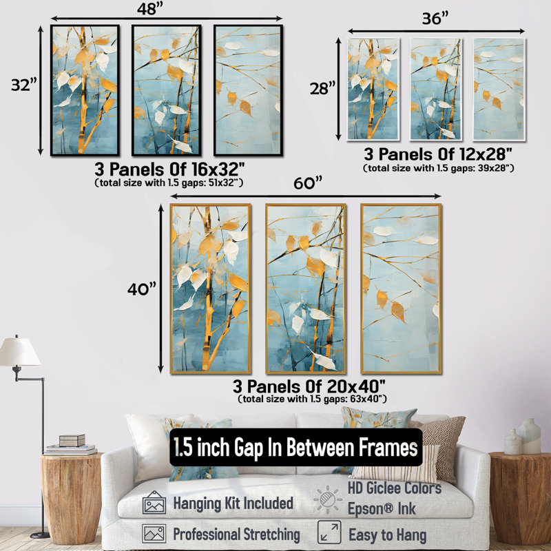 Ensemble de salon mural en bambou bleu et doré Minimalisme I, H 28 po x l 36 po x P 1 po, Cadre flottant blanc