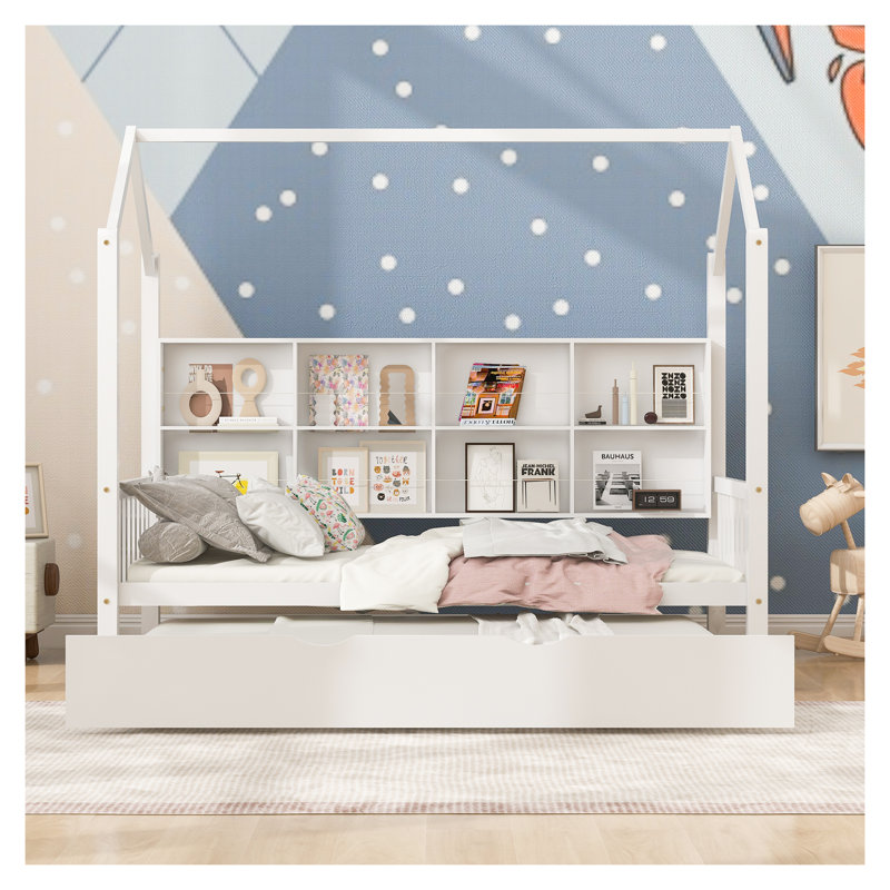 Lit simple en bois pour enfants avec lit gigogne et tablette de rangement, cadre de lit blanc pour chambre d'enfant, aucun sommier nécessaire