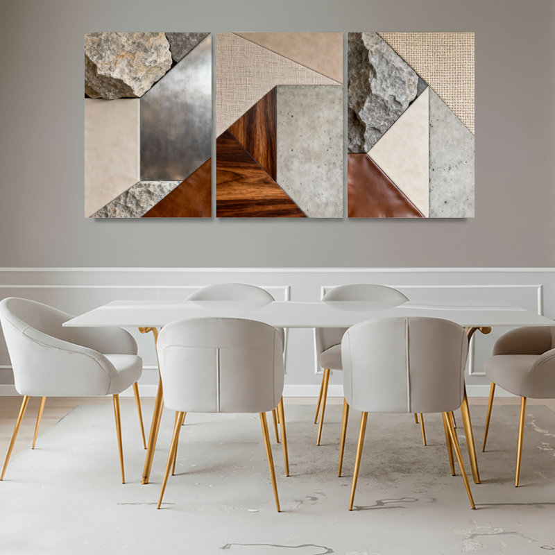 Ensemble de 3 tableaux sur toile tendue à motifs géométriques pierre, bois et métal, H 30 po x l 60 po