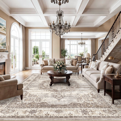 12x15 Living Room Area Rug: Oriental Large Neutral Bedroom Carpet Soft Distressed Floor Mat with Non-Slip Backing Indoor Thin Water-Resistant Dining Room Rug Farmhouse Home Decor(12x15 Beige)