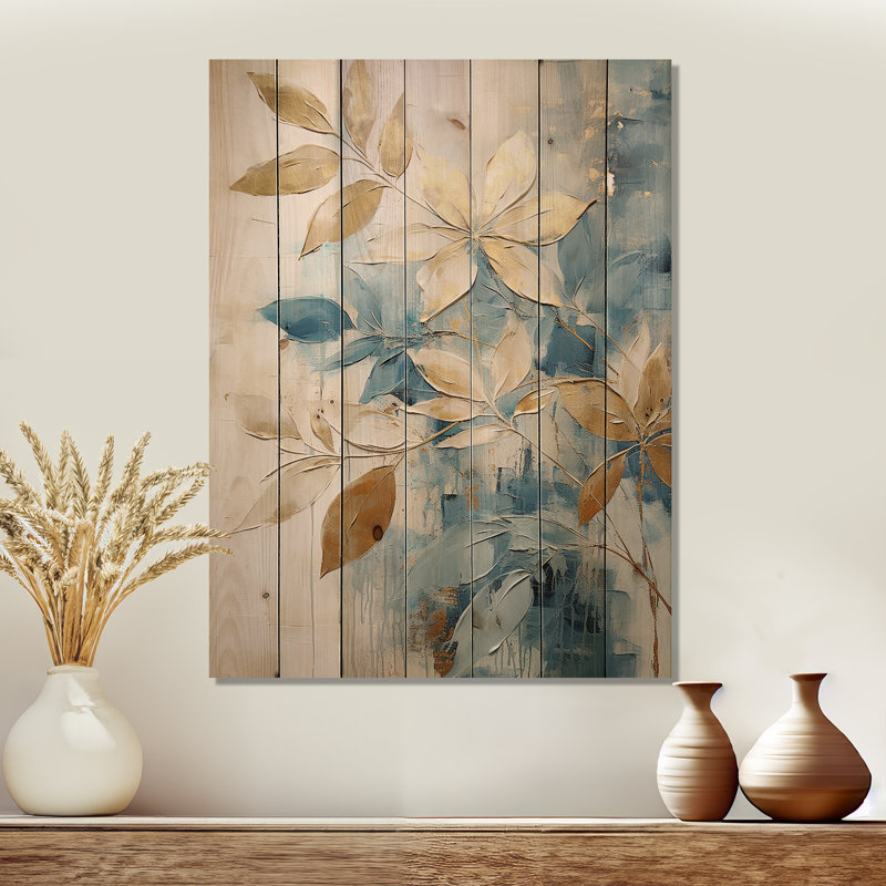 Or et bleu abstrait botanique - art botanique abstrait sur bois de pin naturel, H 32 po x l 24 po