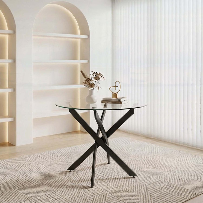 Round Tempered Glass Dining Table with Black Legs, Modern and Safe for Small Spaces, Transparent / noir, Verre et métal