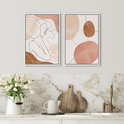 Dessin au trait femme avec des symboles pastel Mid-Century formes abstraites nature moderne colorée chic 2 pièces