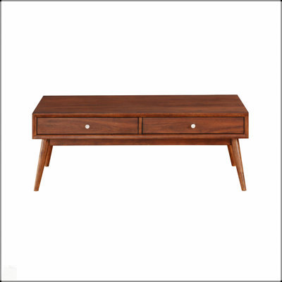 Table basse rétro de style moderne avec 2 tiroirs, finition brune, placage de noyer, parfaite pour la décoration et le rangement du salon