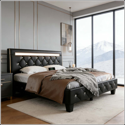 Queen Size Bed Frame with LED Light and Charging Station, Faux Leather Upholstered Platform Bed with Handcrafted Crystal Button Adjustable Headboard
