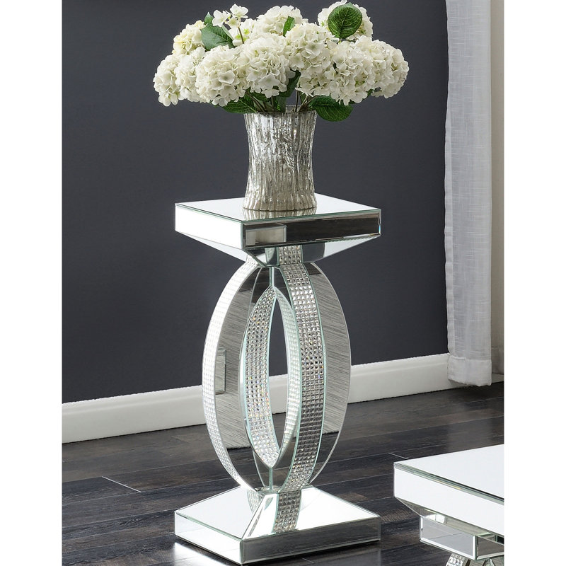 Table d'appoint carrée en cristal argenté à miroir argenté avec plateau fuselé, finition moderne, surface réfléchissante, idéale pour les tables et les armoires, table rectangulaire, matériau principal, base à piédestal, 26,58 po