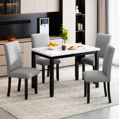 TREXM Faux Marble 5-Piece Dining Set Table With 4 Thicken Cushion Dining Chairs Home Furniture,dinning table set -  Red Barrel Studio®, F0675005914A4DD9B79B6F79C5CE4A43