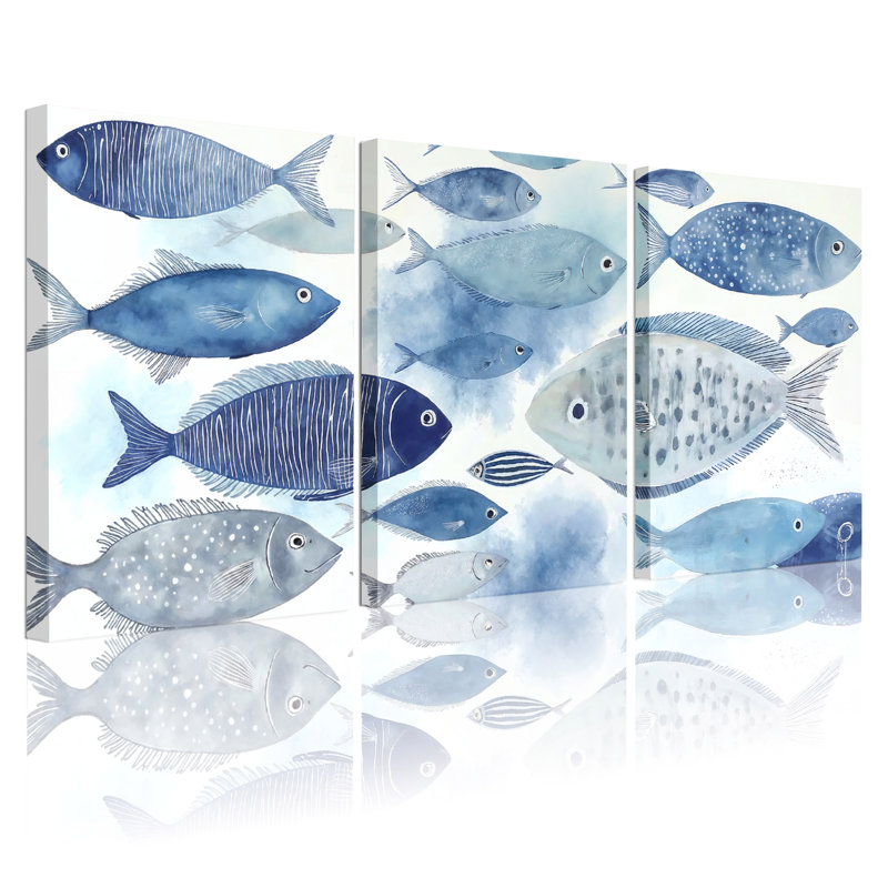 «Blue Fish», art mural moderne sur toile abstraite, ensemble de 3, H 24 po x l 48 po